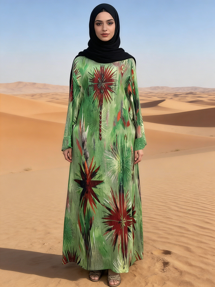 Summer Floral Long Sleeve Abaya Plus Size Women Handcrafted Digital Printed Anti-Static Modest Style Breathable Rayon