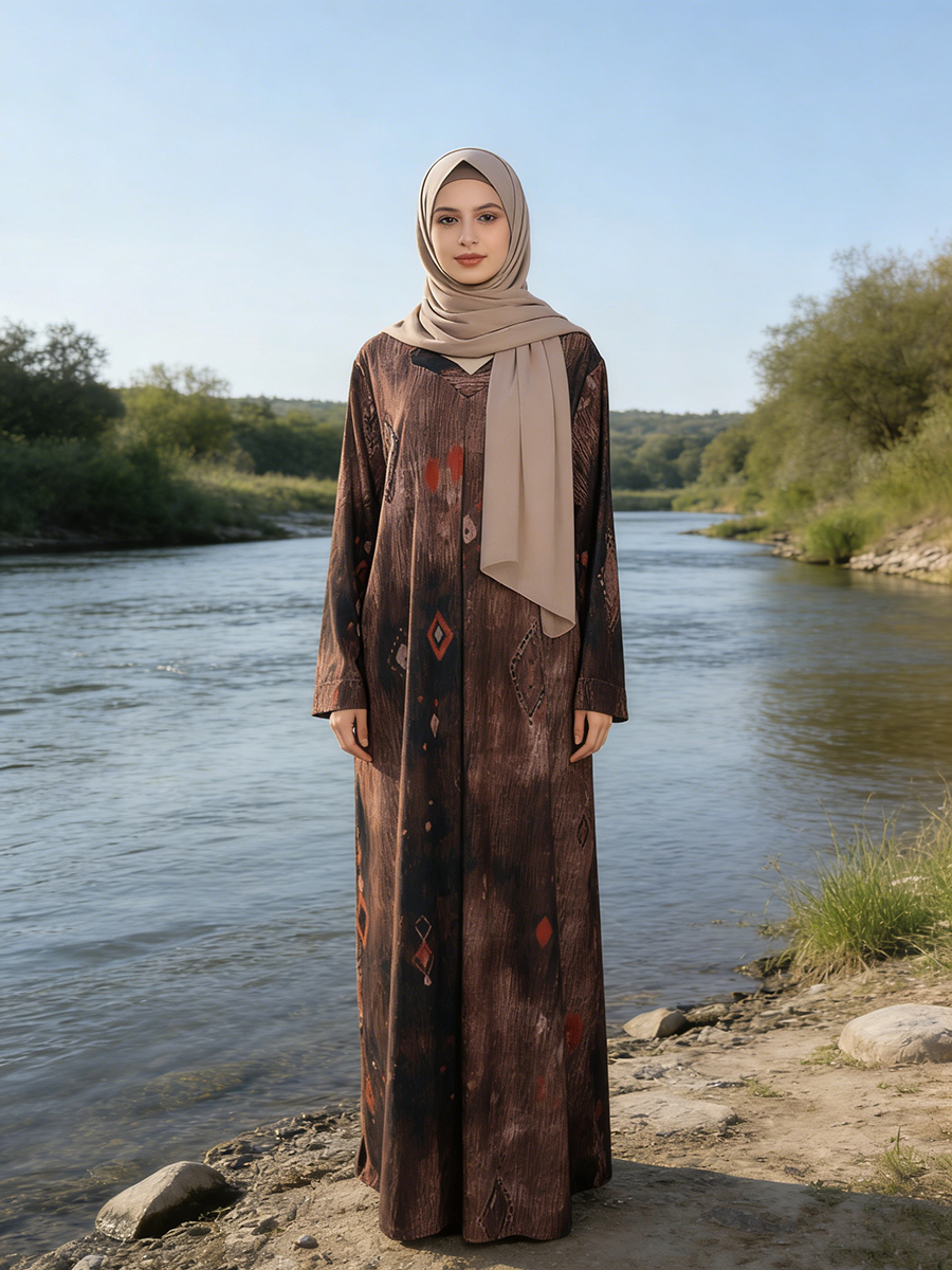 Women's Casual Rayon Abaya Loose Islamic Daily Wear Floor Length Breathable Headscarf Digital Printing