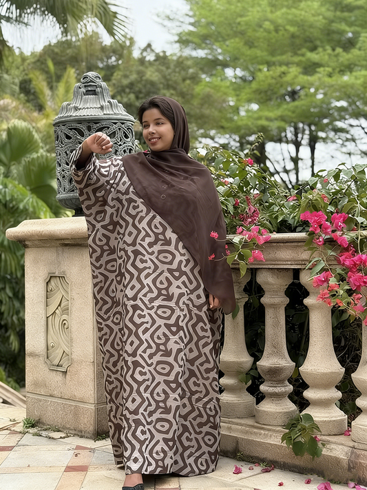 Ethnic Geometric Print Polyester Long Sleeve Ankle Length Abaya for Muslim Women Daily Dress