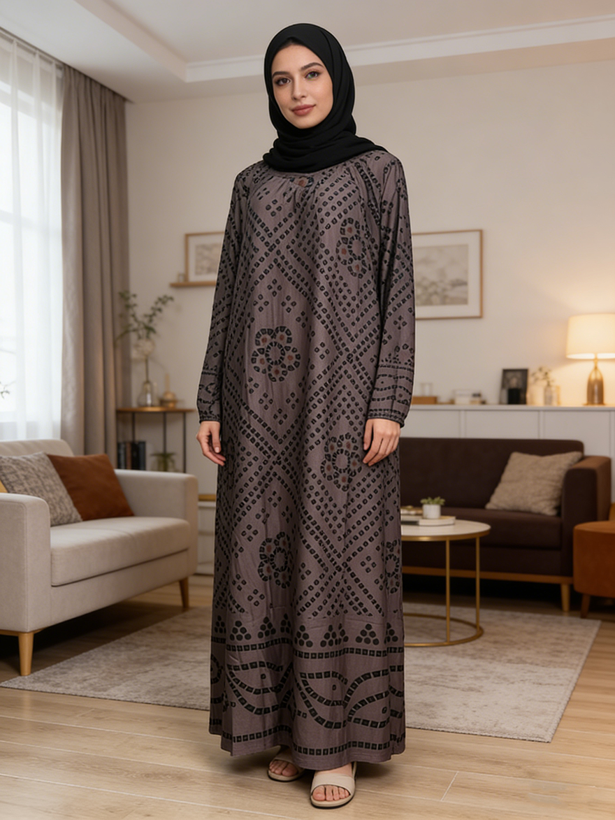 Modest Digital Printing Dubai Robe Floor Length Long Sleeve Lightweight Rayon Dress for Muslim Women