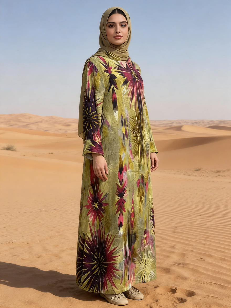 Summer Floral Long Sleeve Abaya Plus Size Women Handcrafted Digital Printed Anti-Static Modest Style Breathable Rayon