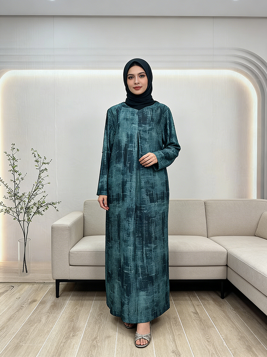 2026 Vintage Style Irregular Pattern Muslim Abaya Women's Long Sleeve Islamic Clothing Printed Linen 4 Color Options