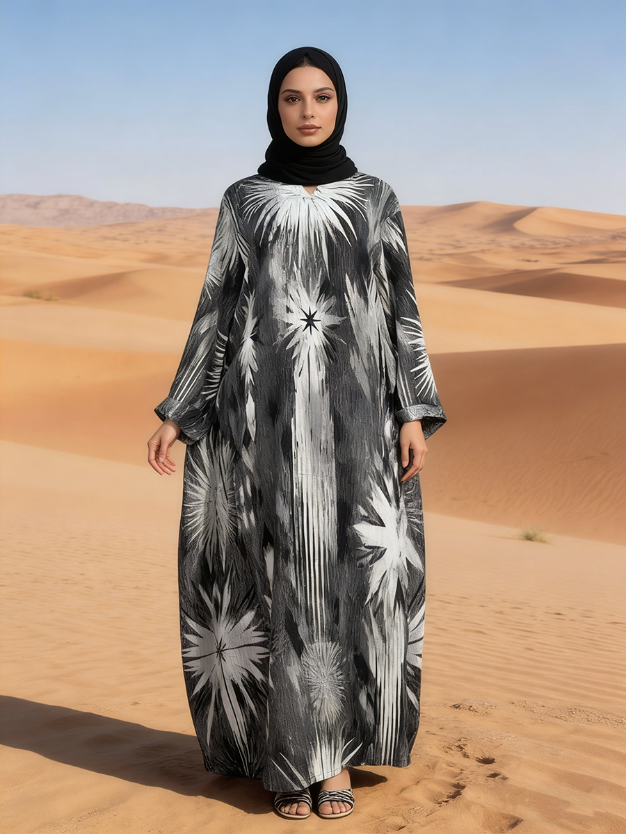 Summer Floral Long Sleeve Abaya Plus Size Women Handcrafted Digital Printed Anti-Static Modest Style Breathable Rayon