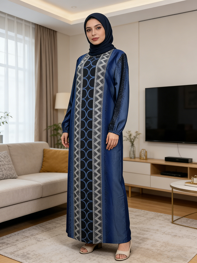 Vintage Turkish Abaya Dress for Muslim Women Geometric Figures Pattern  Long Sleeve Winter