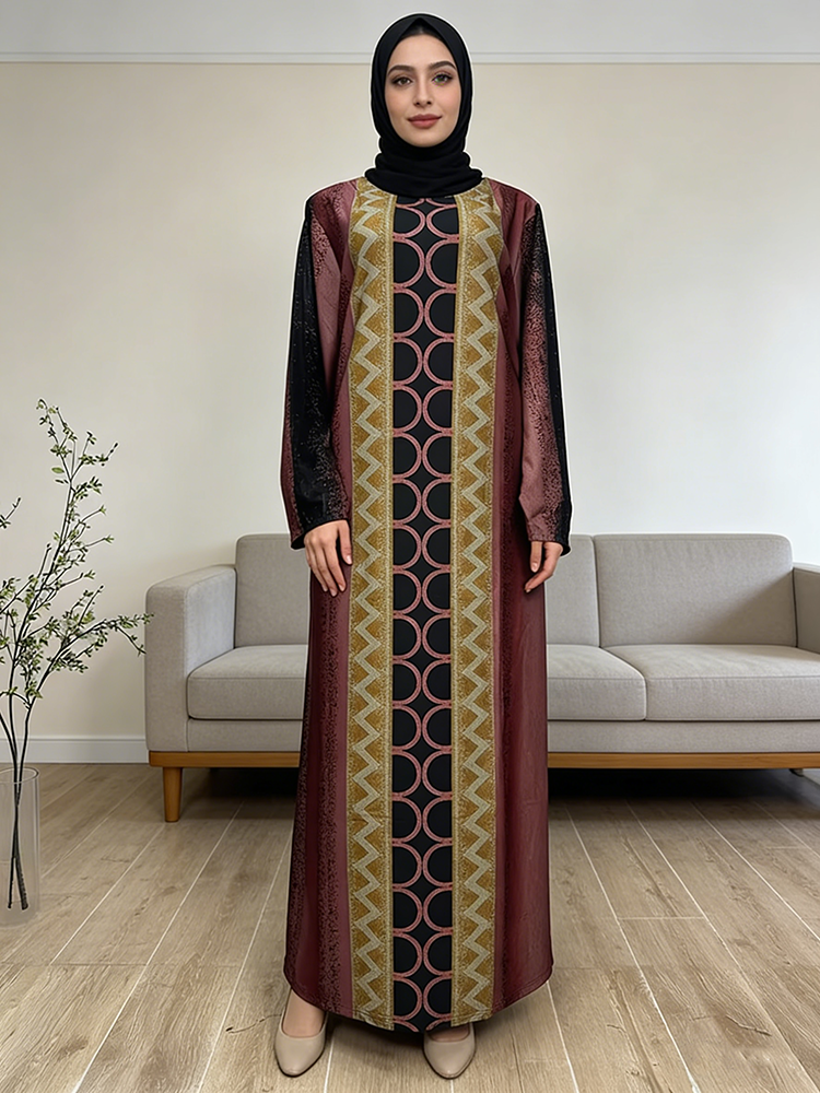 Vintage Turkish Abaya Dress for Muslim Women Geometric Figures Pattern  Long Sleeve Winter