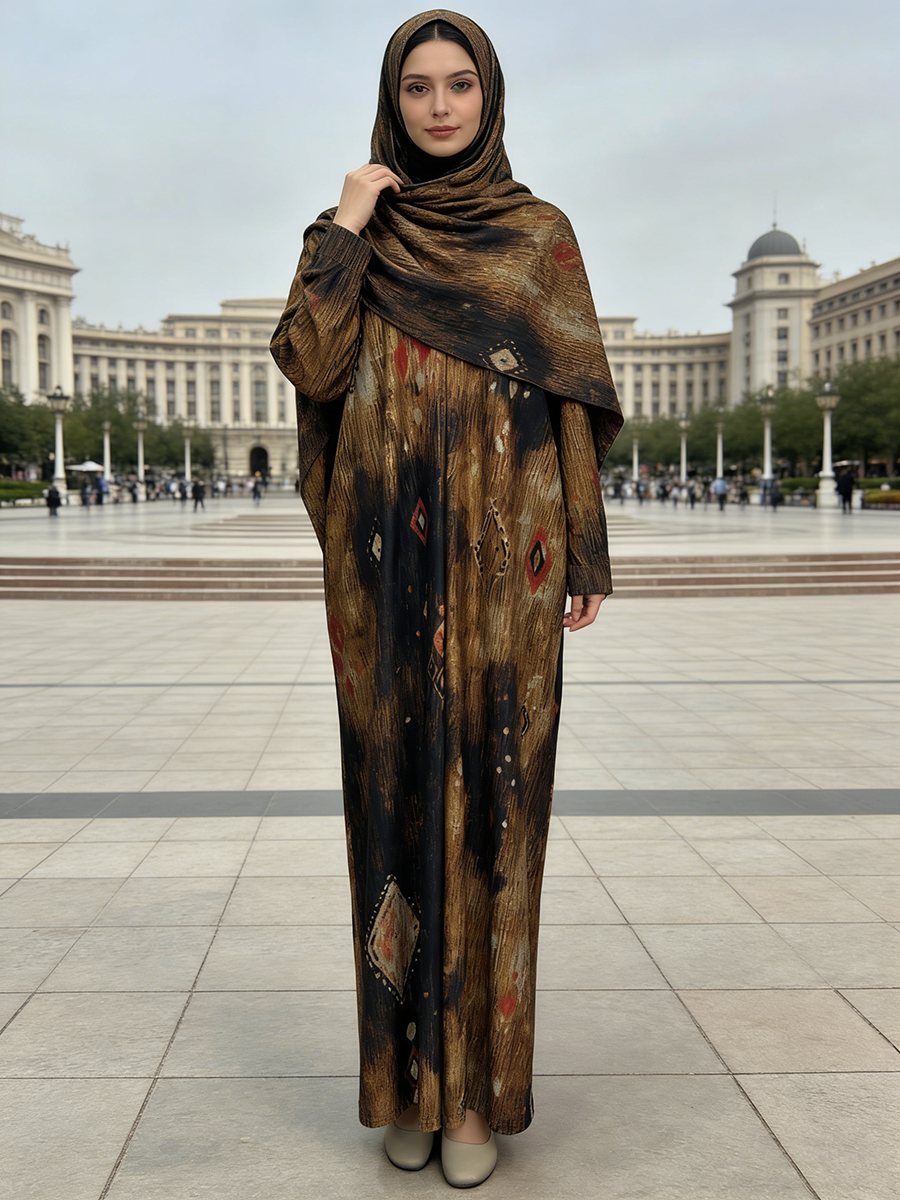 Women's Casual Rayon Abaya Loose Islamic Daily Wear Floor Length Breathable Headscarf Digital Printing