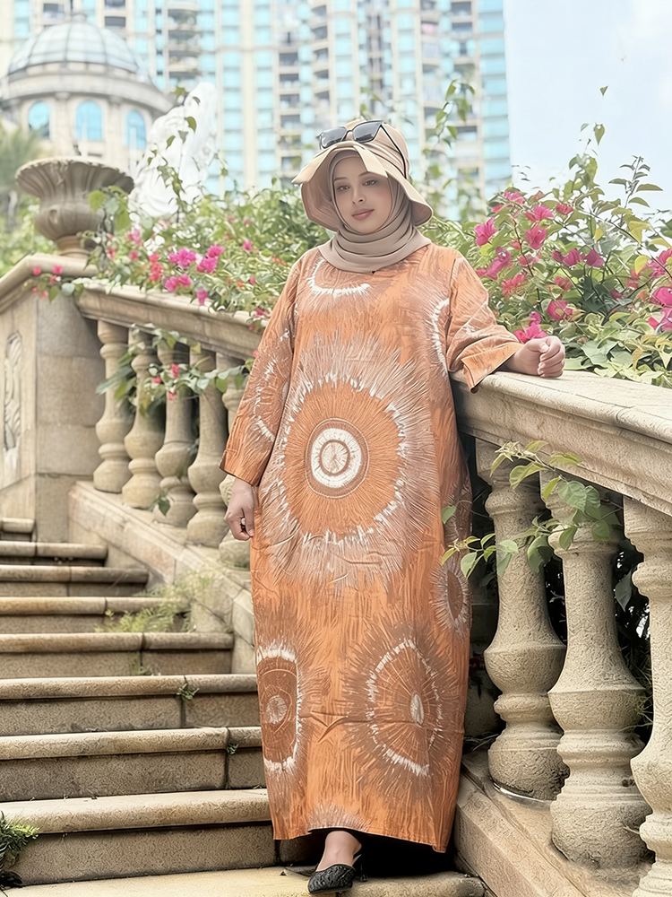 Fashion Linen Abaya Four Size Breathable Gradient Digital Printing Patterns Hijabs Muslim Women Modest Dress