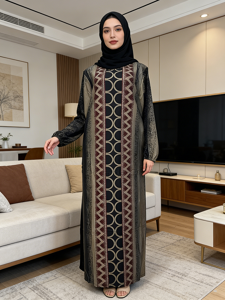 Vintage Turkish Abaya Dress for Muslim Women Geometric Figures Pattern  Long Sleeve Winter
