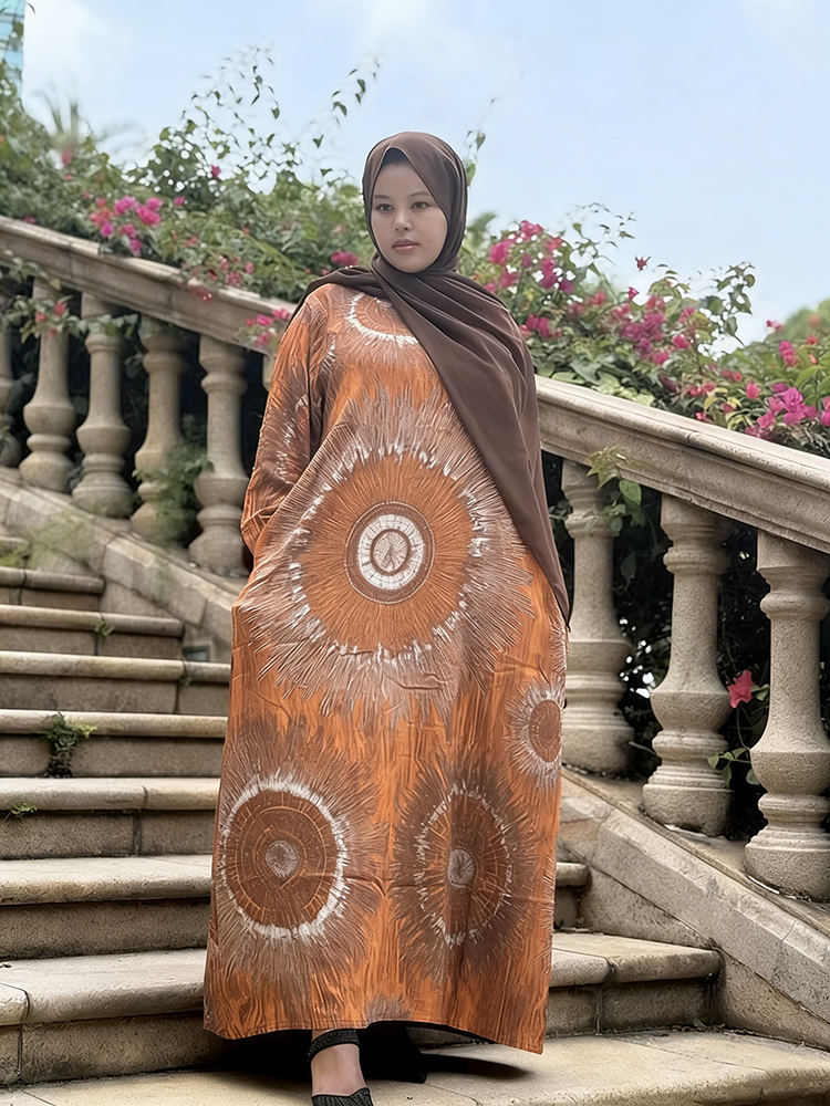 Fashion Linen Abaya Four Size Breathable Gradient Digital Printing Patterns Hijabs Muslim Women Modest Dress