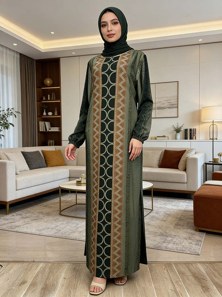 Vintage Turkish Abaya Dress for Muslim Women Geometric Figures Pattern  Long Sleeve Winter