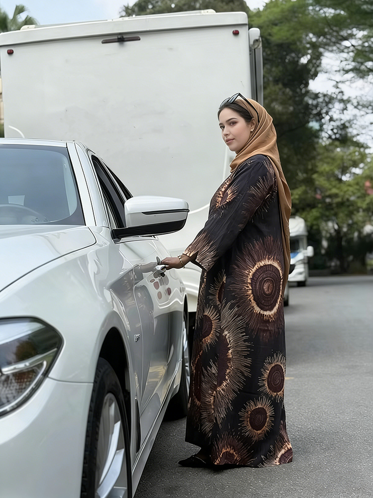 Fashion Linen Abaya Four Size Breathable Gradient Digital Printing Patterns Hijabs Muslim Women Modest Dress