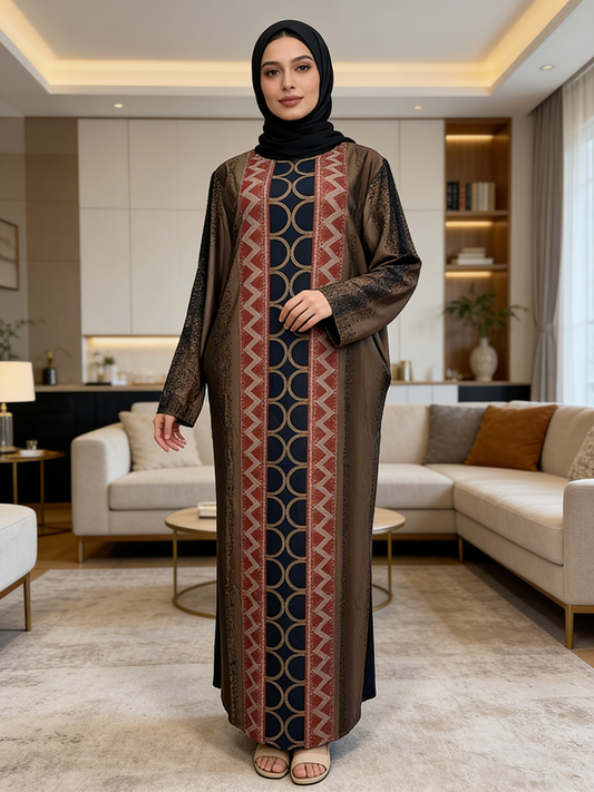 Vintage Turkish Abaya Dress for Muslim Women Geometric Figures Pattern  Long Sleeve Winter