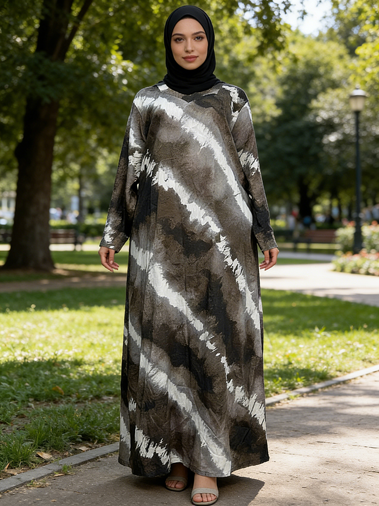 Newly Summer Muslim Women's Linen Abaya Dresses Floor Length Long Sleeve