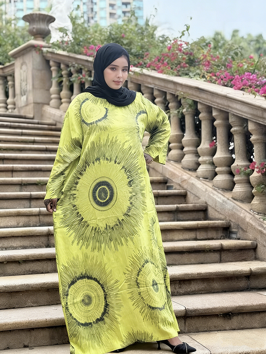 Fashion Linen Abaya Four Size Breathable Gradient Digital Printing Patterns Hijabs Muslim Women Modest Dress