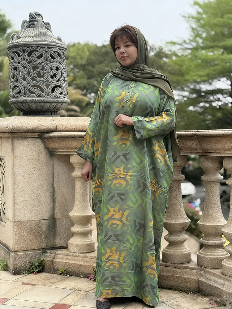 Ethnic Geometric Print Polyester Long Sleeve Ankle Length Abaya for Muslim Women Daily Dress