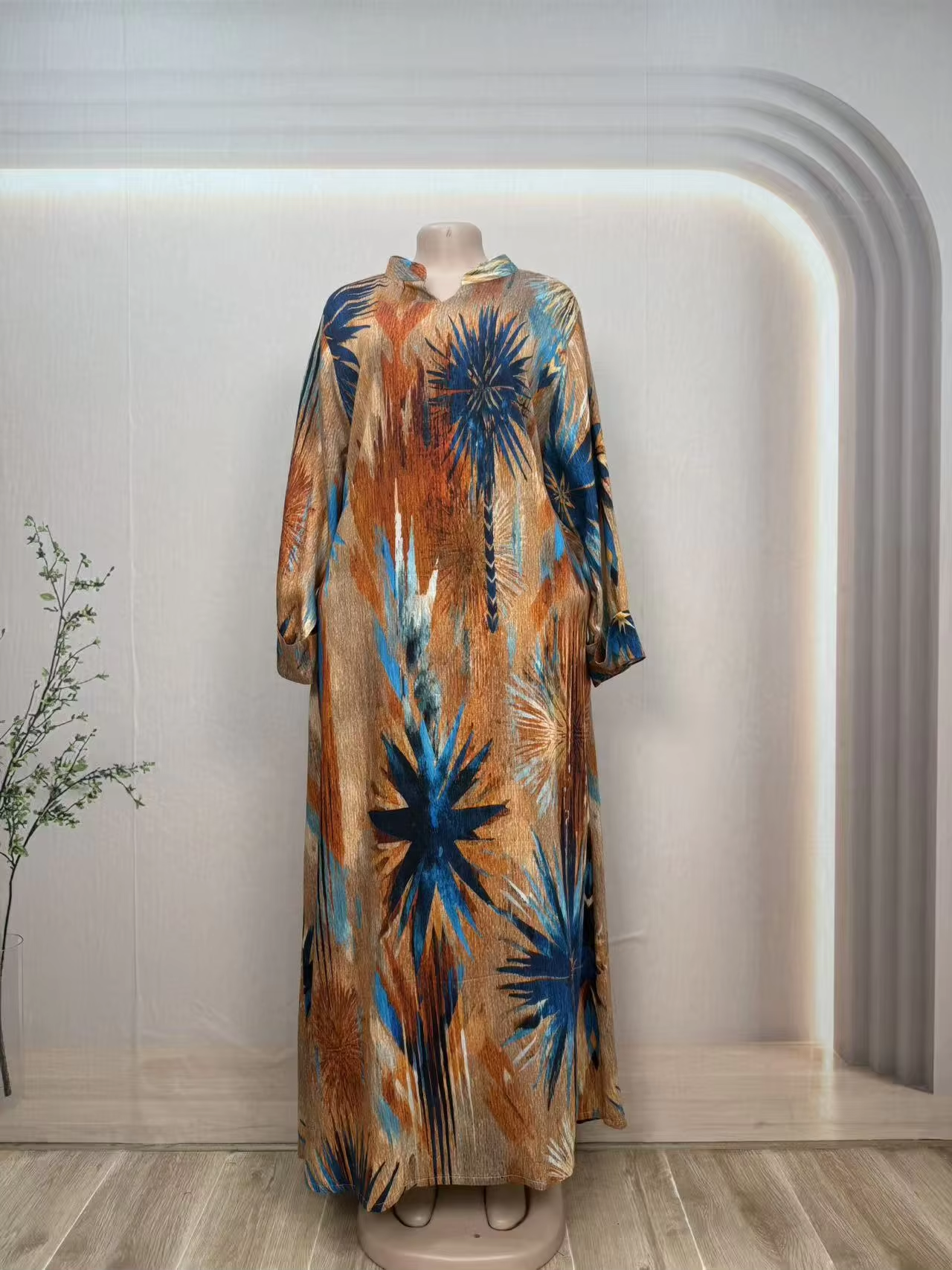 Summer Floral Long Sleeve Abaya Plus Size Women Handcrafted Digital Printed Anti-Static Modest Style Breathable Rayon