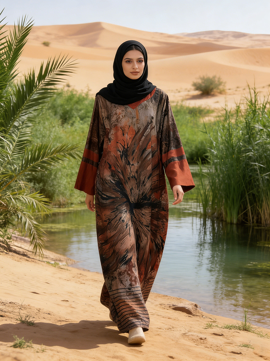 Muslim Dress Women's Casual Plus Size Long Sleeved Floor Length Rayon Dress