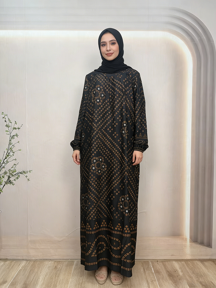 Modest Digital Printing Dubai Robe Floor Length Long Sleeve Lightweight Rayon Dress for Muslim Women