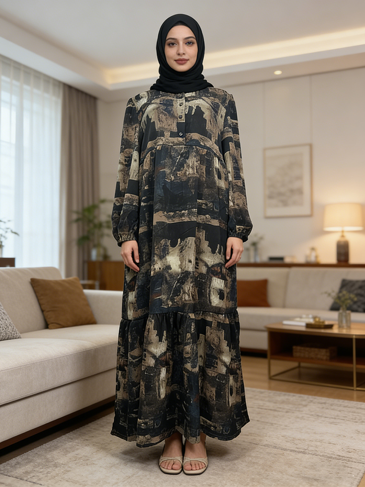 Modern Graphic Print Checkered Pattern  Muslim Women's Casual Ruffled for Spring Autumn Office Lady Party Floor-Length