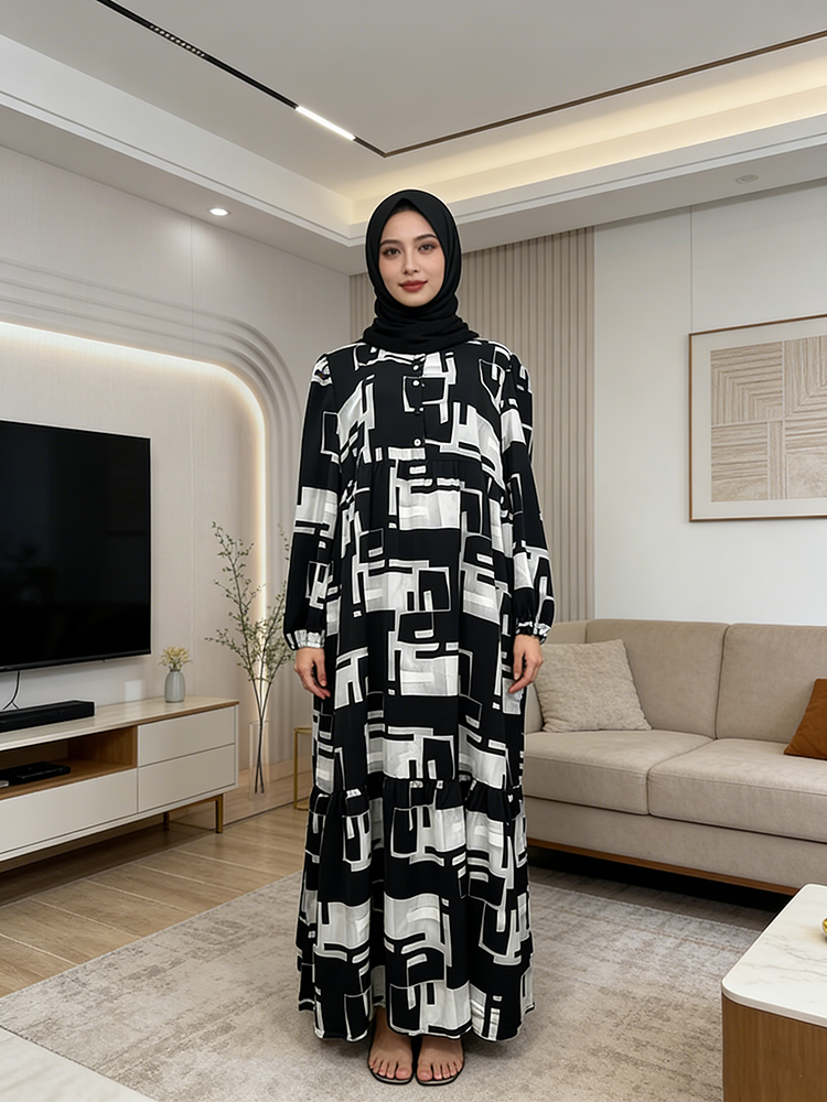 Modern Graphic Print Checkered Pattern  Muslim Women's Casual Ruffled for Spring Autumn Office Lady Party Floor-Length