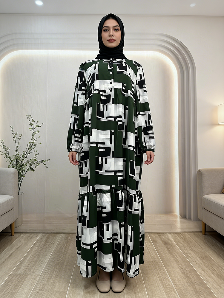 Modern Graphic Print Checkered Pattern  Muslim Women's Casual Ruffled for Spring Autumn Office Lady Party Floor-Length