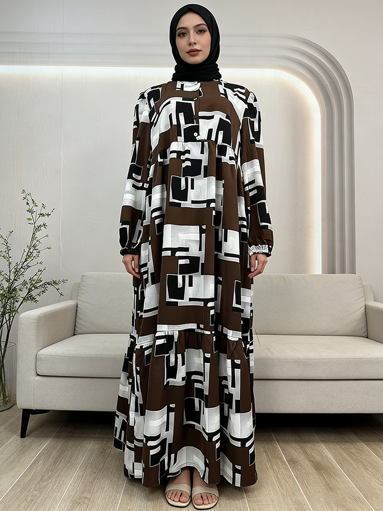 Modern Graphic Print Checkered Pattern  Muslim Women's Casual Ruffled for Spring Autumn Office Lady Party Floor-Length