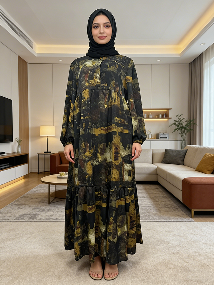 Modern Graphic Print Checkered Pattern  Muslim Women's Casual Ruffled for Spring Autumn Office Lady Party Floor-Length
