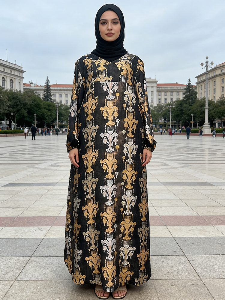 Women's Eco-Friendly Rayon Muslim Flower Pattern Dress Floral Printed Button Soft Ivory Base Handcrafted Floor-Length Casual