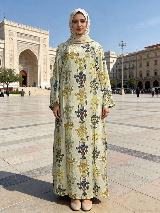 Women's Eco-Friendly Rayon Muslim Flower Pattern Dress Floral Printed Button Soft Ivory Base Handcrafted Floor-Length Casual