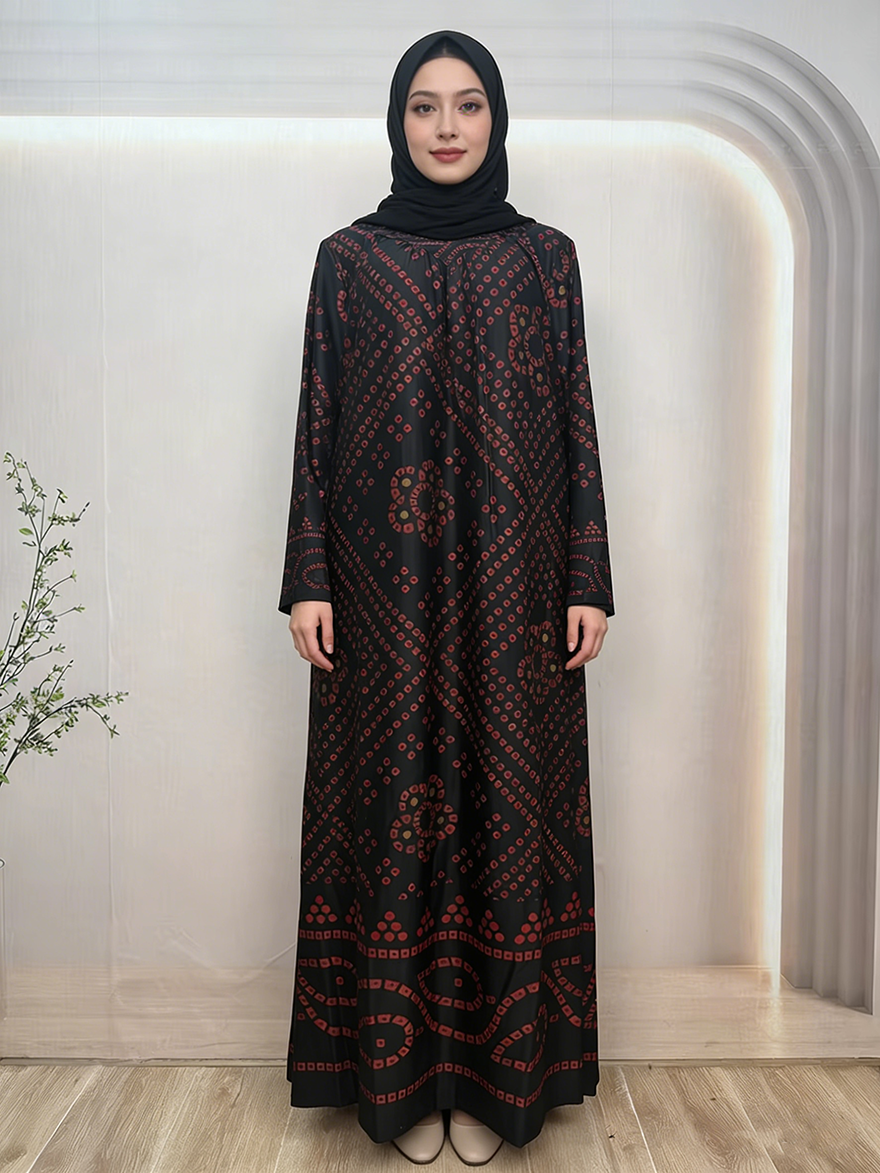 Modest Digital Printing Dubai Robe Floor Length Long Sleeve Lightweight Rayon Dress for Muslim Women