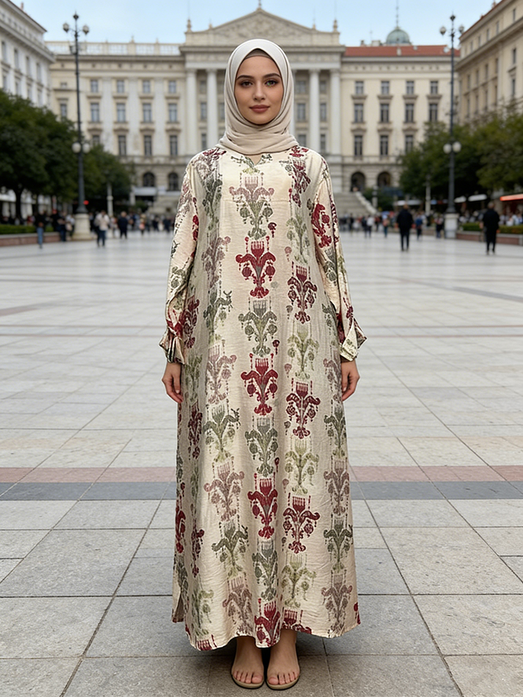 Women's Eco-Friendly Rayon Muslim Flower Pattern Dress Floral Printed Button Soft Ivory Base Handcrafted Floor-Length Casual