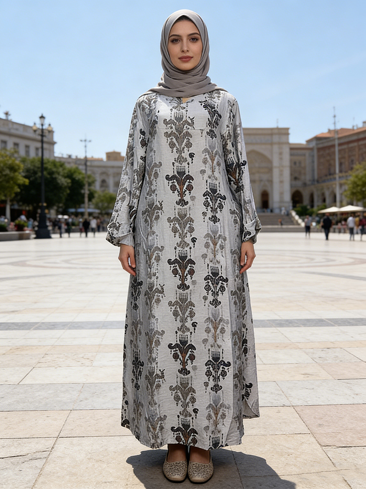 Women's Eco-Friendly Rayon Muslim Flower Pattern Dress Floral Printed Button Soft Ivory Base Handcrafted Floor-Length Casual