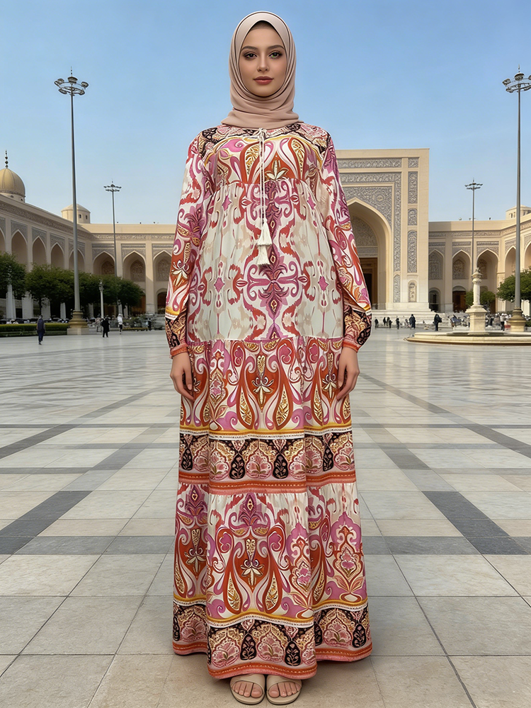 Vintage Muslim Ethnic Rayon Dress for Wsomen Long Sleeve Customized Wedding Outfit Handmade Breathable Anti-Static