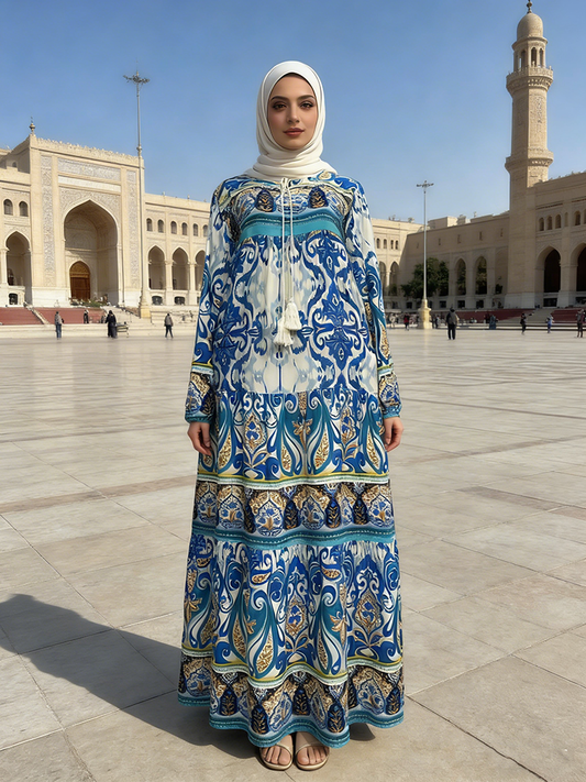 Vintage Muslim Ethnic Rayon Dress for Wsomen Long Sleeve Customized Wedding Outfit Handmade Breathable Anti-Static