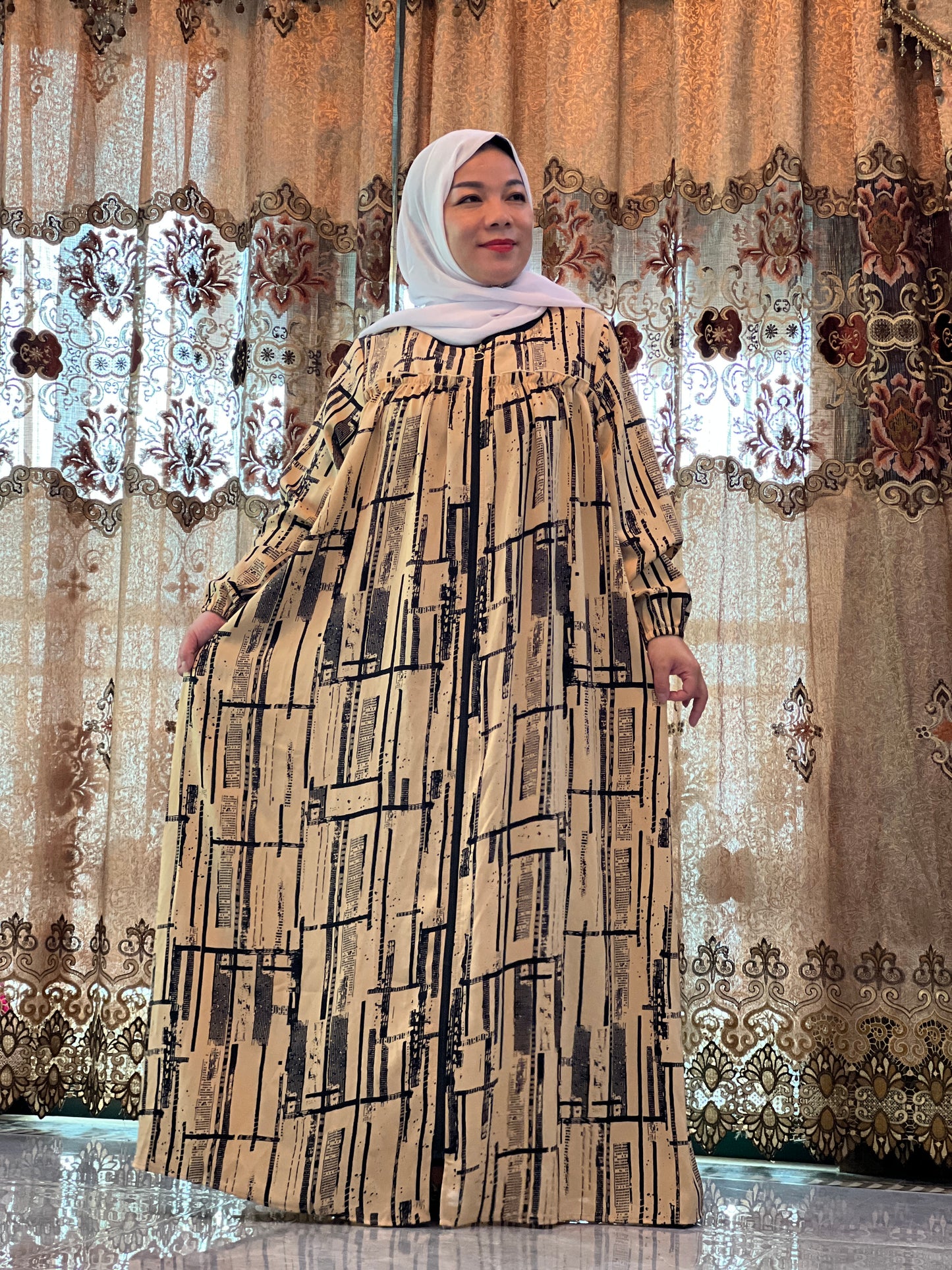 A5【H88】Muslim Dubai Women's Print Pleated Long Sleeve Loose Dress