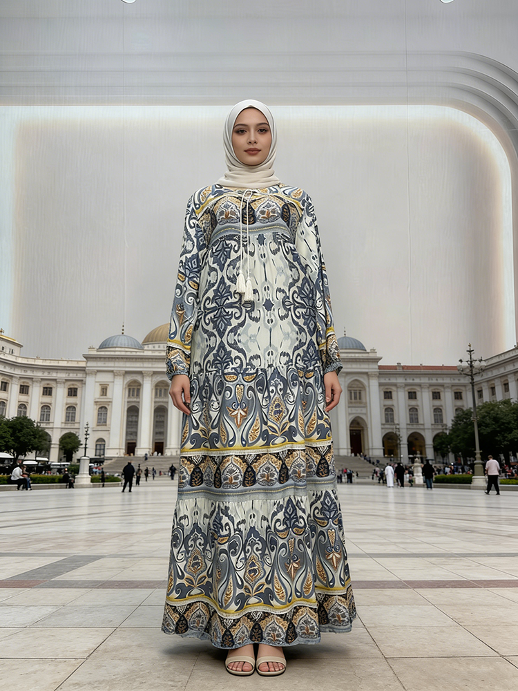 Vintage Muslim Ethnic Rayon Dress for Wsomen Long Sleeve Customized Wedding Outfit Handmade Breathable Anti-Static