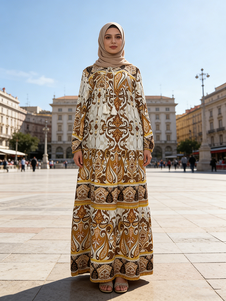 Vintage Muslim Ethnic Rayon Dress for Wsomen Long Sleeve Customized Wedding Outfit Handmade Breathable Anti-Static