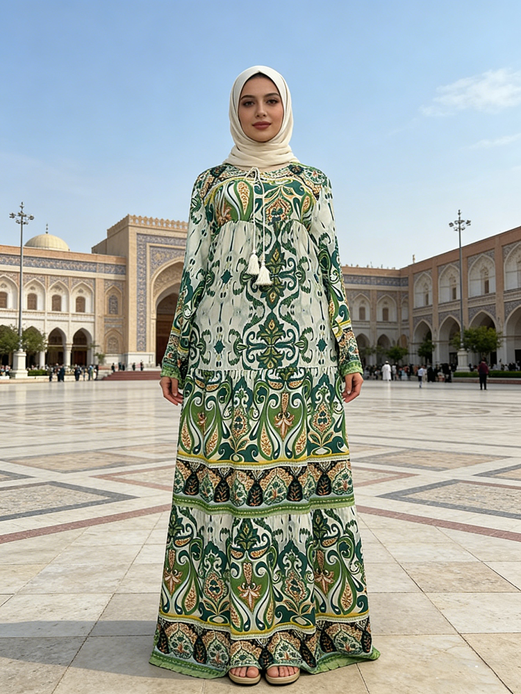 Vintage Muslim Ethnic Rayon Dress for Wsomen Long Sleeve Customized Wedding Outfit Handmade Breathable Anti-Static