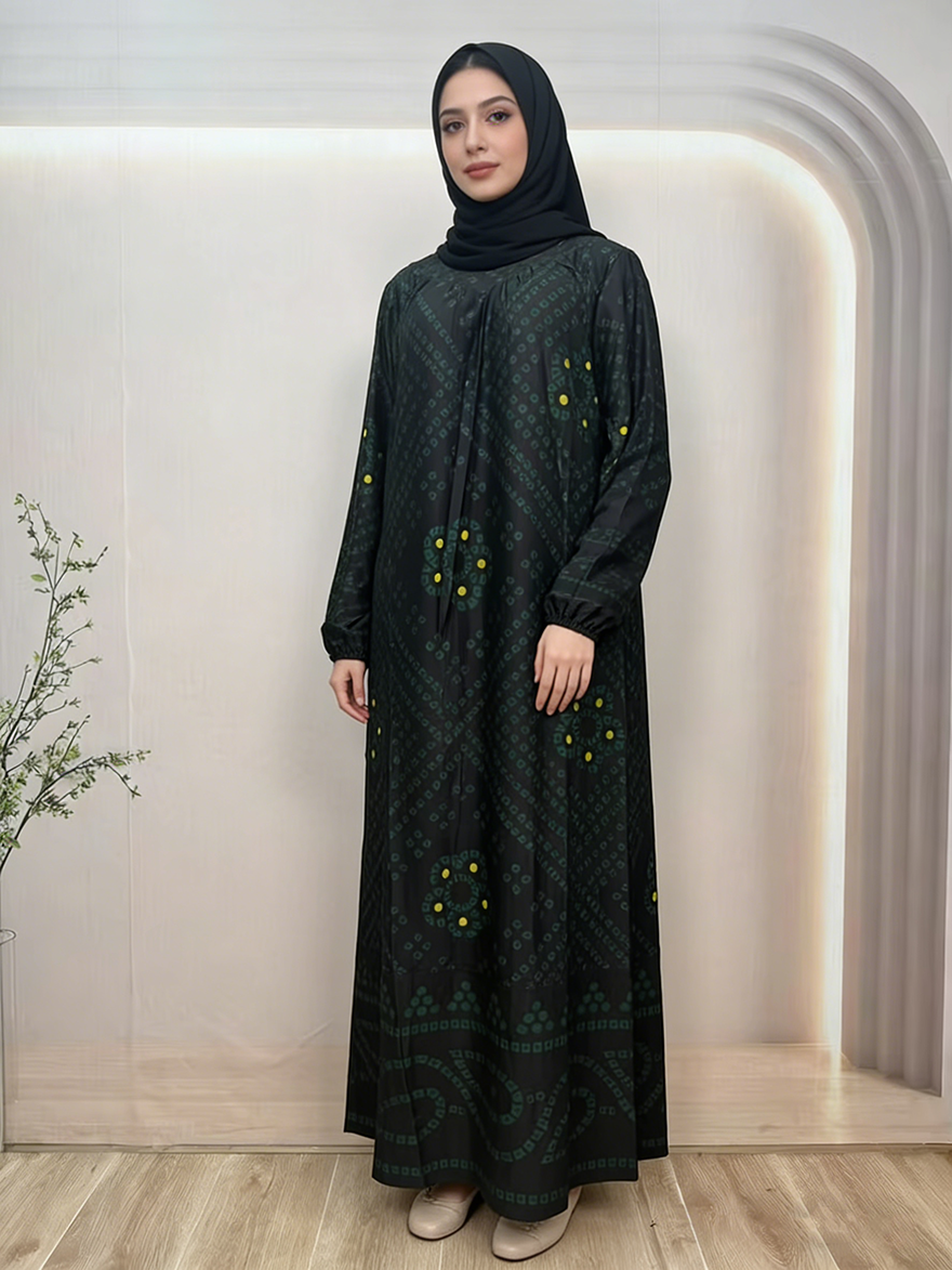 Modest Digital Printing Dubai Robe Floor Length Long Sleeve Lightweight Rayon Dress for Muslim Women