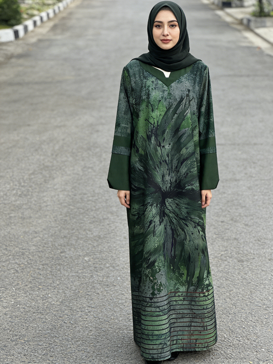 Muslim Dress Women's Casual Plus Size Long Sleeved Floor Length Rayon Dress
