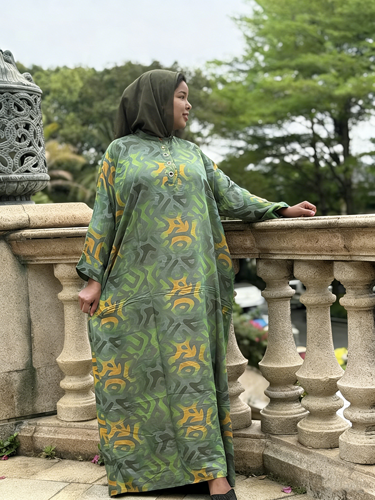 Ethnic Geometric Print Polyester Long Sleeve Ankle Length Abaya for Muslim Women Daily Dress