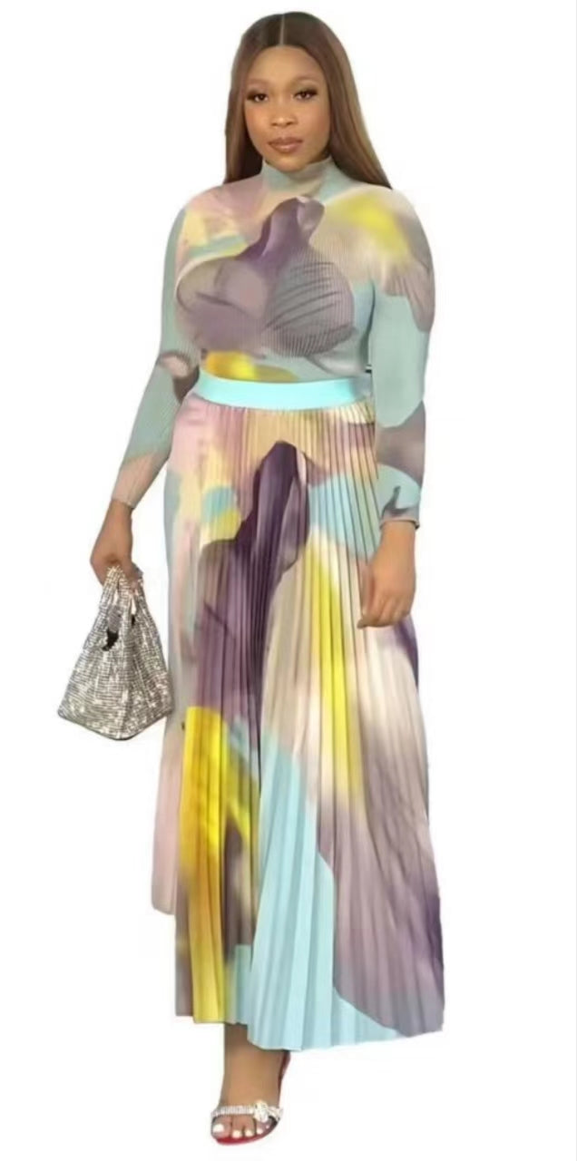 A2【LD001】2024 Dubai Women's Two piece Skirt with Hundred Fold Watercolor Printed Long Sleeve