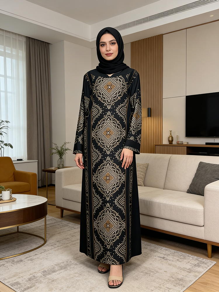 Abaya Style Women's Clothing  Design Rayon Suits Printed Geometry Design Kurta Suit Set for Muslim Dress