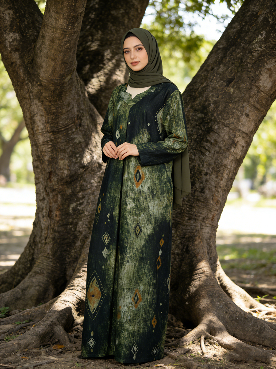 Women's Casual Rayon Abaya Loose Islamic Daily Wear Floor Length Breathable Headscarf Digital Printing