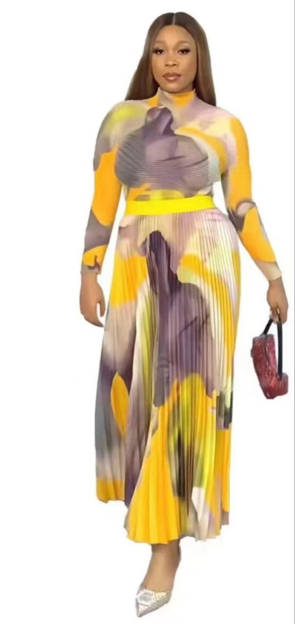 A2【LD001】2024 Dubai Women's Two piece Skirt with Hundred Fold Watercolor Printed Long Sleeve