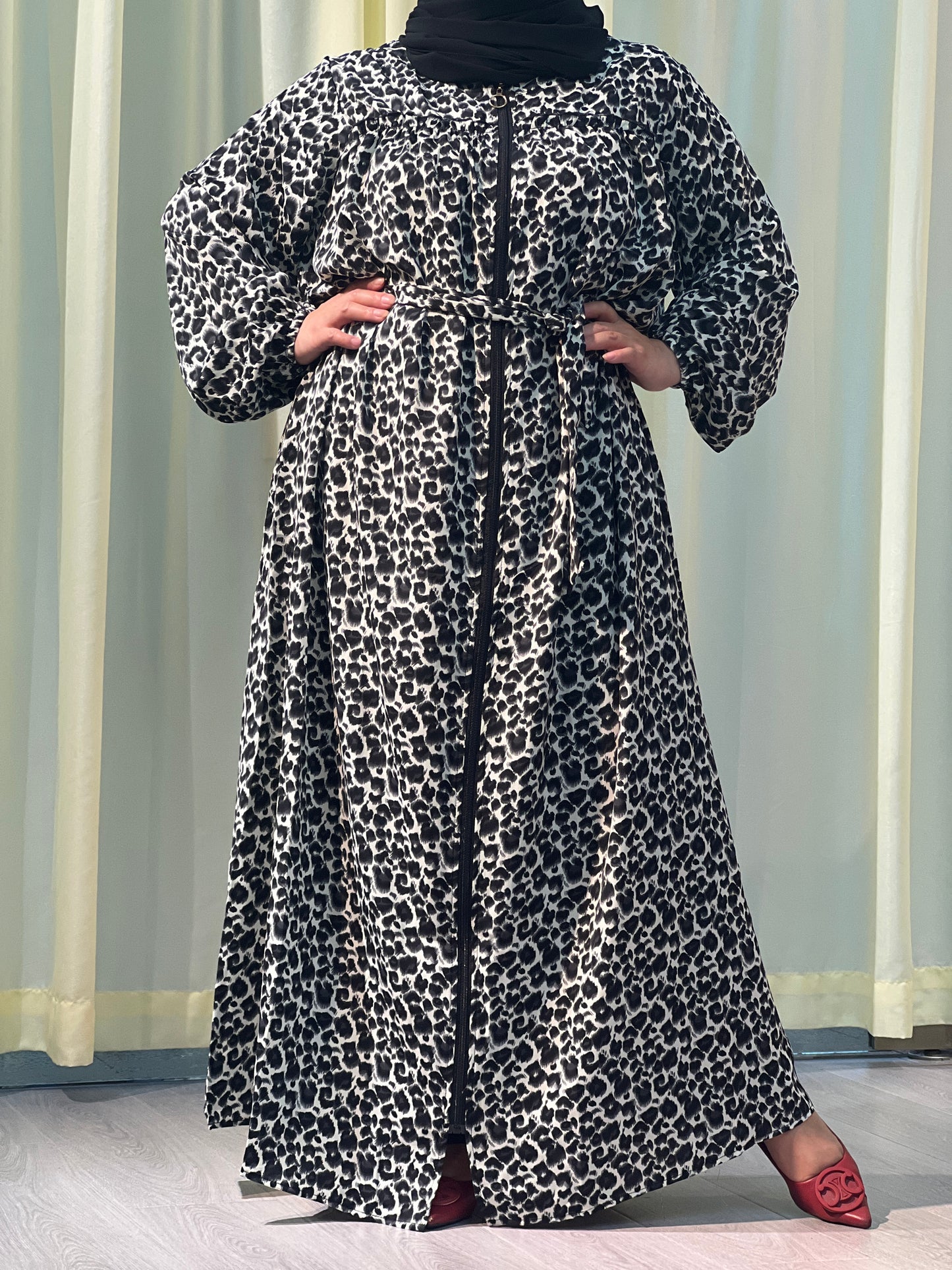 A【H88】Muslim Dubai Women's  Tiger Print Pleated Long Sleeve Loose Dress