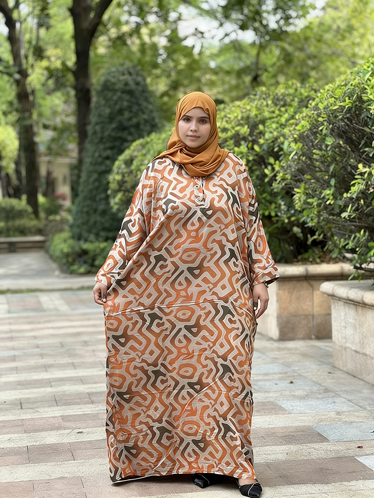 Ethnic Geometric Print Polyester Long Sleeve Ankle Length Abaya for Muslim Women Daily Dress