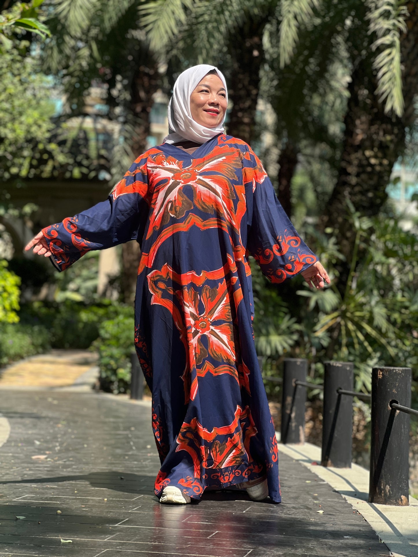 A7【H58】Muslim Dubai Women's Print Pleated Long Sleeve Loose Dress