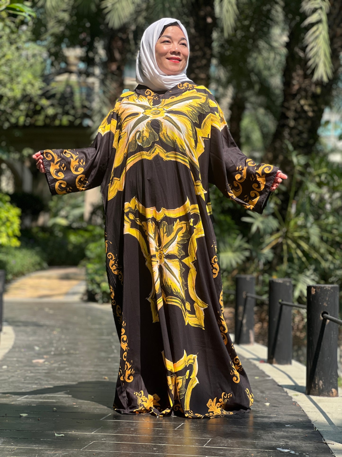 A3【H58】Muslim Dubai Women's Print Pleated Long Sleeve Loose Dress