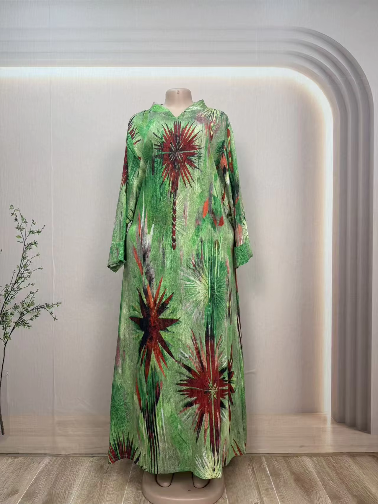 Summer Floral Long Sleeve Abaya Plus Size Women Handcrafted Digital Printed Anti-Static Modest Style Breathable Rayon